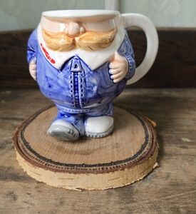 Vintage Hand-Painted Mustache Man Mug – Blue & White Ceramic Character Cup Japan